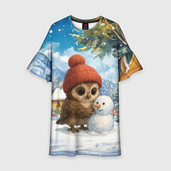 Платье клеш для девочки Совушка в шапочке лепит снеговика, цвет: 3D-принт