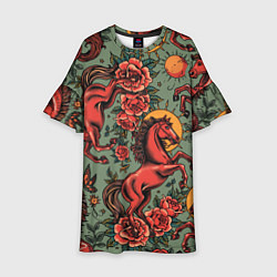 Детское платье Красный конь и розы