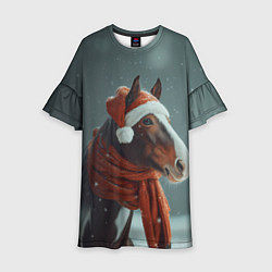 Платье клеш для девочки Лошадь в новогодней шапке, цвет: 3D-принт