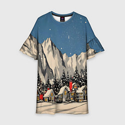 Платье клеш для девочки Небольшой новогодний город в горах, цвет: 3D-принт