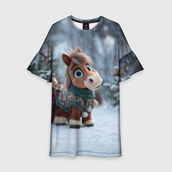 Платье клеш для девочки Маленькая лошадка в новогоднем лесу, цвет: 3D-принт