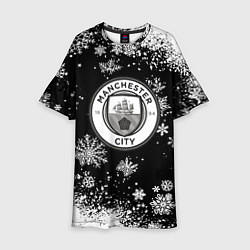 Платье клеш для девочки Манчестер сити снежинки новый год, цвет: 3D-принт