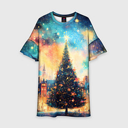 Платье клеш для девочки Новогодняя елка за городом, цвет: 3D-принт