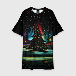 Платье клеш для девочки Новый год на черном фоне, цвет: 3D-принт