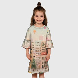 Платье клеш для девочки Объемный новогодний город, цвет: 3D-принт — фото 2