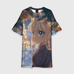 Платье клеш для девочки Новогодняя анимешная лошадка, цвет: 3D-принт