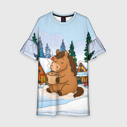 Платье клеш для девочки Милая лошадка пьет какао, цвет: 3D-принт