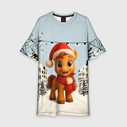 Платье клеш для девочки Милая новогодняя лошадка с шарфом, цвет: 3D-принт