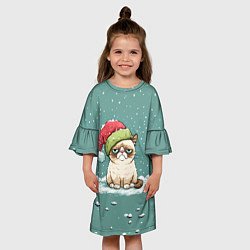 Платье клеш для девочки Недовольный новогодний котик, цвет: 3D-принт — фото 2