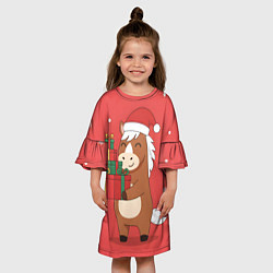 Платье клеш для девочки Новогодняя лошадка с подарками, цвет: 3D-принт — фото 2