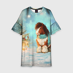 Платье клеш для девочки Лошадка у елки 2026, цвет: 3D-принт