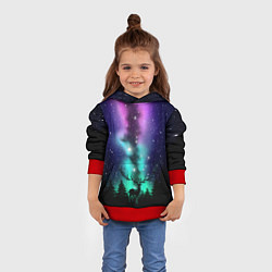 Толстовка-худи детская Силуэт оленя северное сияние, цвет: 3D-красный — фото 2