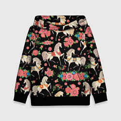 Толстовка-худи детская Лошади и цветы, цвет: 3D-черный