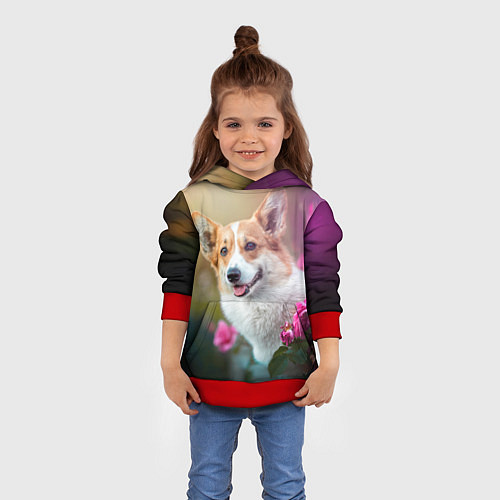 Детская толстовка Корги в розовом кусте / 3D-Красный – фото 4