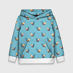 Толстовка-худи детская Петушки паттерн, цвет: 3D-белый