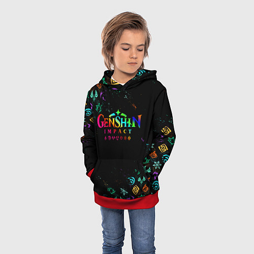 Детская толстовка GENSHIN IMPACT NEON LOGO RAINBOW STYLE, ЭМБЛЕМЫ / 3D-Красный – фото 3