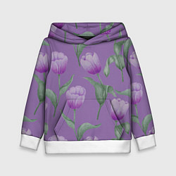 Толстовка-худи детская Фиолетовые тюльпаны с зелеными листьями, цвет: 3D-белый