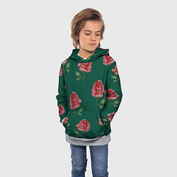 Толстовка-худи детская Ярко красные розы на темно-зеленом фоне, цвет: 3D-меланж — фото 2