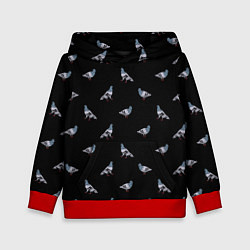 Толстовка-худи детская Голуби на черном паттерн, цвет: 3D-красный