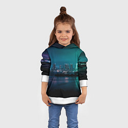Толстовка-худи детская Неоновый город с рекой - Светло-зелёный, цвет: 3D-белый — фото 2