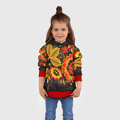 Детская толстовка Хохломская Роспись Цветы На Тёмном Фоне / 3D-Красный – фото 4