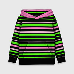 Толстовка-худи детская Полосаты узор в зелено-розовых оттенках на черном, цвет: 3D-черный