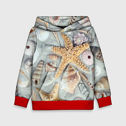 Толстовка-худи детская Морские звёзды и ракушки на океанском песке, цвет: 3D-красный