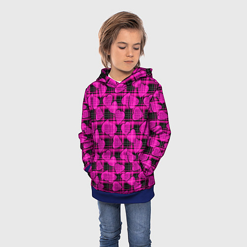 Детская толстовка Black and pink hearts pattern on checkered / 3D-Синий – фото 3