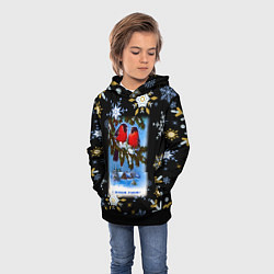 Толстовка-худи детская Новый Год Два Снегиря Сидят На Ветке, цвет: 3D-черный — фото 2