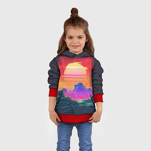 Детская толстовка Синтвейв неоновые горы на закате / 3D-Красный – фото 4