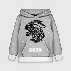 Толстовка-худи детская Символ 2023 года черный водяной кролик, цвет: 3D-белый