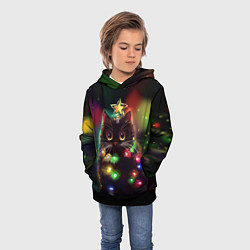 Толстовка-худи детская Новогодний котик с гирляндой, цвет: 3D-черный — фото 2