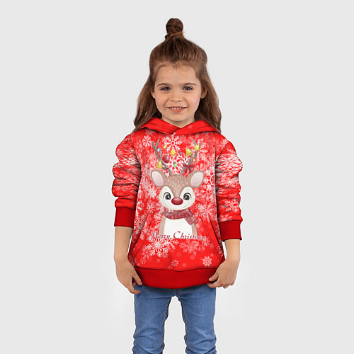 Детская толстовка Милый олень и белые снежинки / 3D-Красный – фото 4