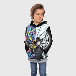 Толстовка-худи детская Уэнсдэй играет на виолончели на фоне окна, цвет: 3D-меланж — фото 2