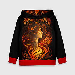 Толстовка-худи детская Девушка в стиле ар-нуво с огнем и осенними листьям, цвет: 3D-красный