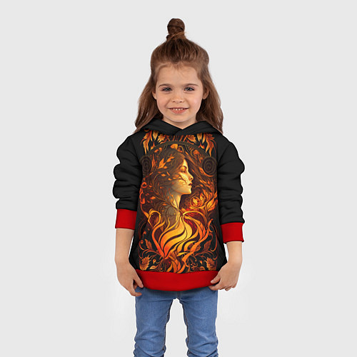 Детская толстовка Девушка в стиле ар-нуво с огнем и осенними листьям / 3D-Красный – фото 4