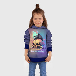 Толстовка-худи детская Черный котенок на черепе мрачный неоновый фон, цвет: 3D-синий — фото 2