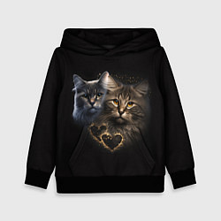Толстовка-худи детская Влюбленные кот и кошка с сердечками, цвет: 3D-черный
