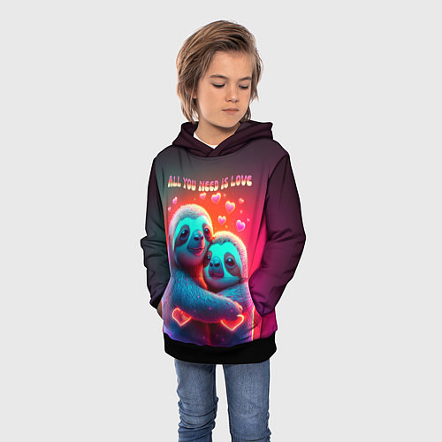 Детская толстовка Влюбленные ленивцы - всё что тебе нужно - это любо / 3D-Черный – фото 3