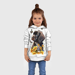 Толстовка-худи детская Черный щенок и жёлтые полевые цветы, цвет: 3D-белый — фото 2