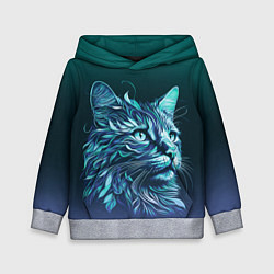Толстовка-худи детская Неоновый кот: фиолетовые и бирюзовые линии, цвет: 3D-меланж