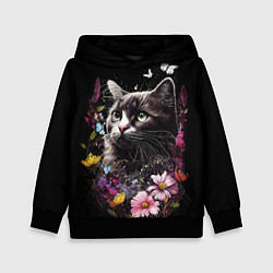 Толстовка-худи детская Черный кот на летнем лугу, цвет: 3D-черный