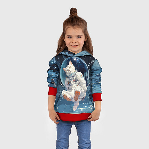 Детская толстовка Белый кот космонавт в невесомости / 3D-Красный – фото 4