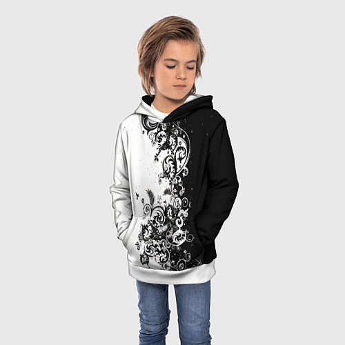 Детская толстовка Черно-белая птица среди узорчатых цветов / 3D-Белый – фото 3