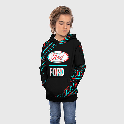 Детская толстовка Значок Ford в стиле glitch на темном фоне / 3D-Черный – фото 3