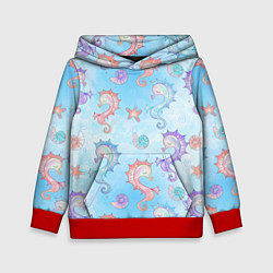 Толстовка-худи детская Морские коньки - паттерн, цвет: 3D-красный