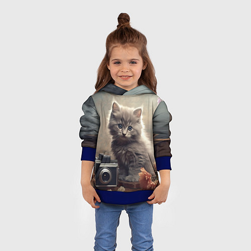Детская толстовка Серый котенок, винтажное фото / 3D-Синий – фото 4