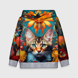 Толстовка-худи детская Дикая кошка в цветах, цвет: 3D-меланж