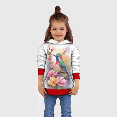 Детская толстовка Колибри и цветы - акварель / 3D-Красный – фото 4
