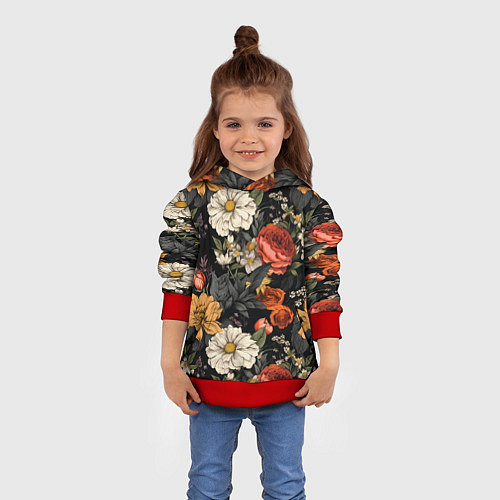 Детская толстовка Цветочный паттерн на черном / 3D-Красный – фото 4